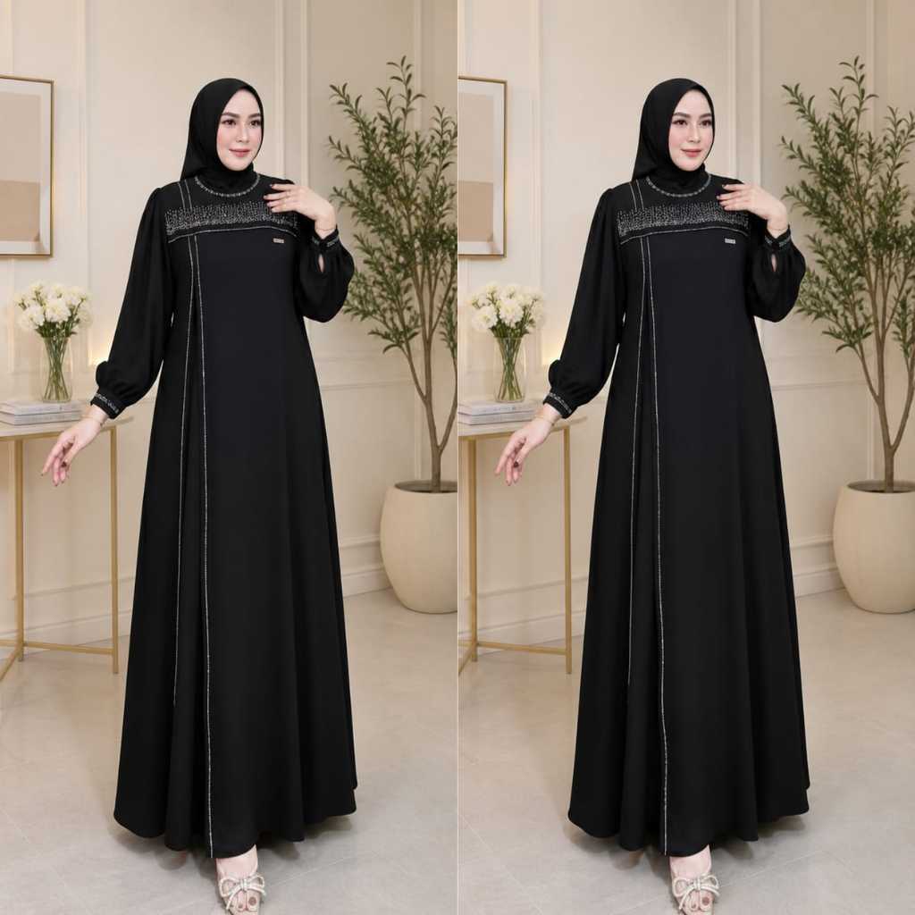 Gamis Hitam Mewah Elegant Ibu Ibu Remaja Kekinian Terbaru Lebaran 2026 Jumbo