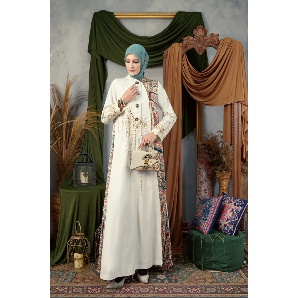 TUNEECA ABAYA LUJIAN TH-0426001 (TUNEECA MAHRA ) ABAYA PUTIH TULANG MEWAH APLIKASI BORDIR ORIGINAL T