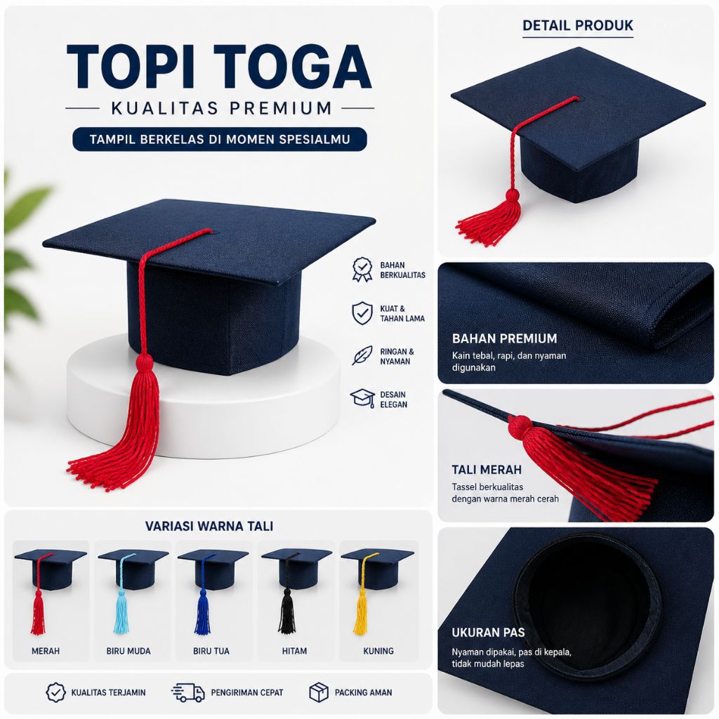 Topi Toga Wisuda Premium Hitam + Tali Merah | Topi Wisuda TK SD SMP SMA Kuliah | Toga Murah Berkuali