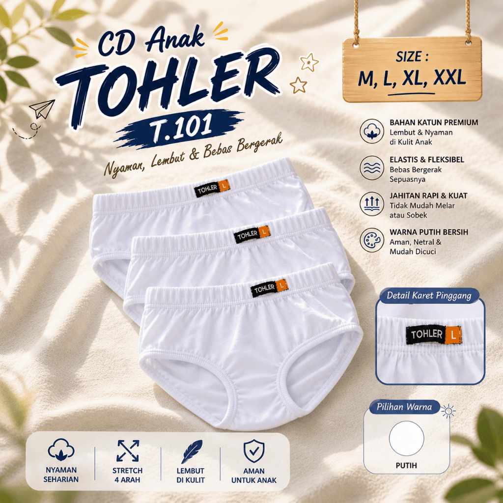 CD Anak Cowo Tohler Putih Bersih | CD Anak Karet Polos | Celana Dalam Anak Murah Adem