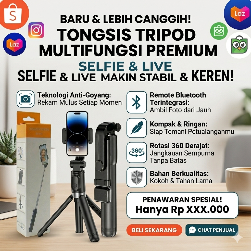[ ASLI ] TRIPOD Tongsis Tripod Combo 4in1 Bluetooth Selfie Stick LED Stainless Steel