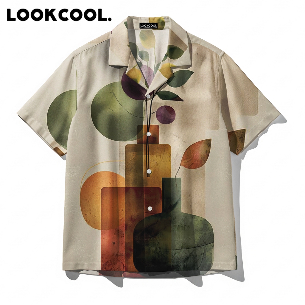 LOOKCOOL Kemeja Hawai Pria Abstract Painting Earth Tone Premium Elegan