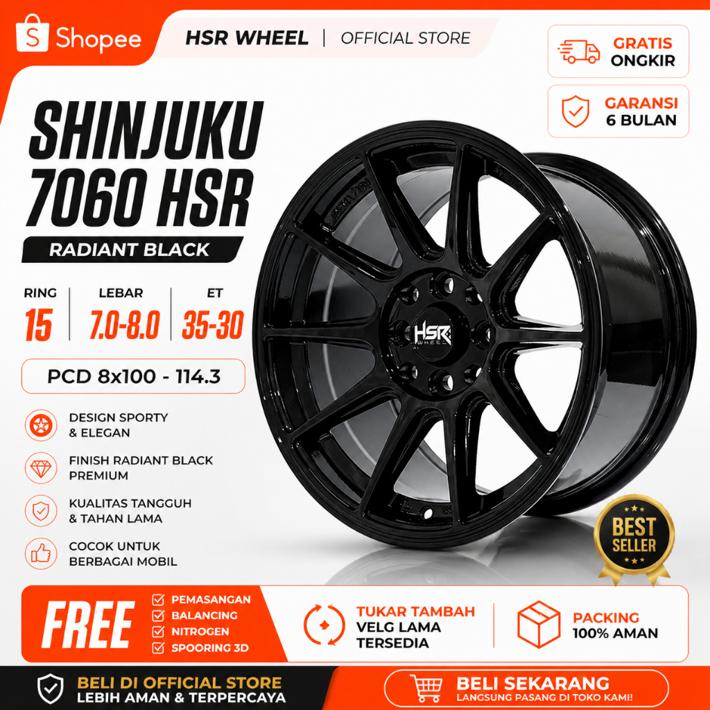 Velg hsr shinjuku R15 velg brio, avega, acent,  datsun go, avanza dll pcd 4x100 & 4x114,3 hsr shinju