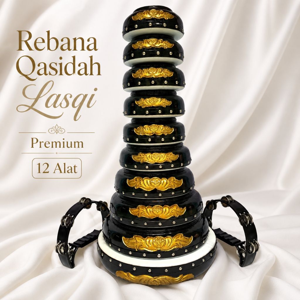 Rebana Qasidah Set Lengkap 12pcs - Rebana Ukir Premium Hitam Gold - Suara Nyaring dan Kuat