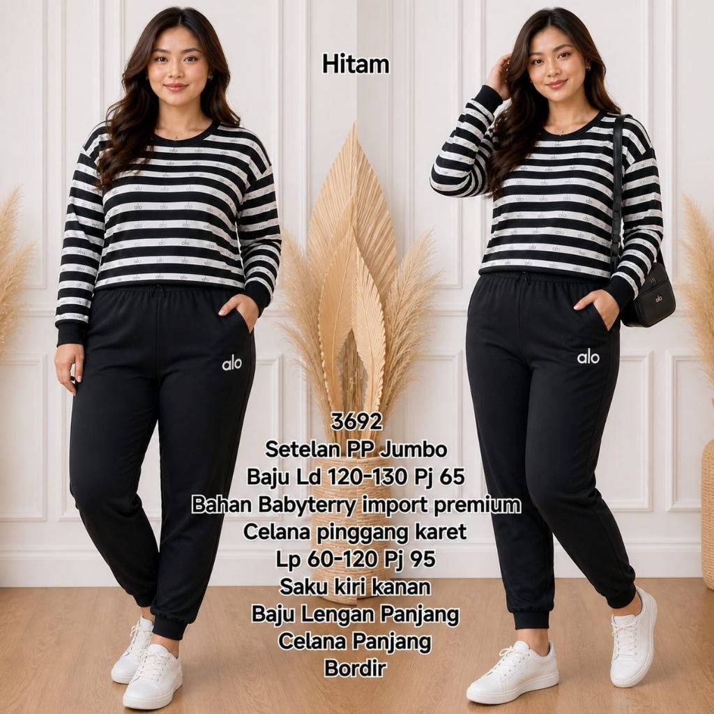 Setelan Panjang Jumbo Bordir PP Bahan Babyterry Import Premium LD 120-140 Celana Pinggang Karet LP 6
