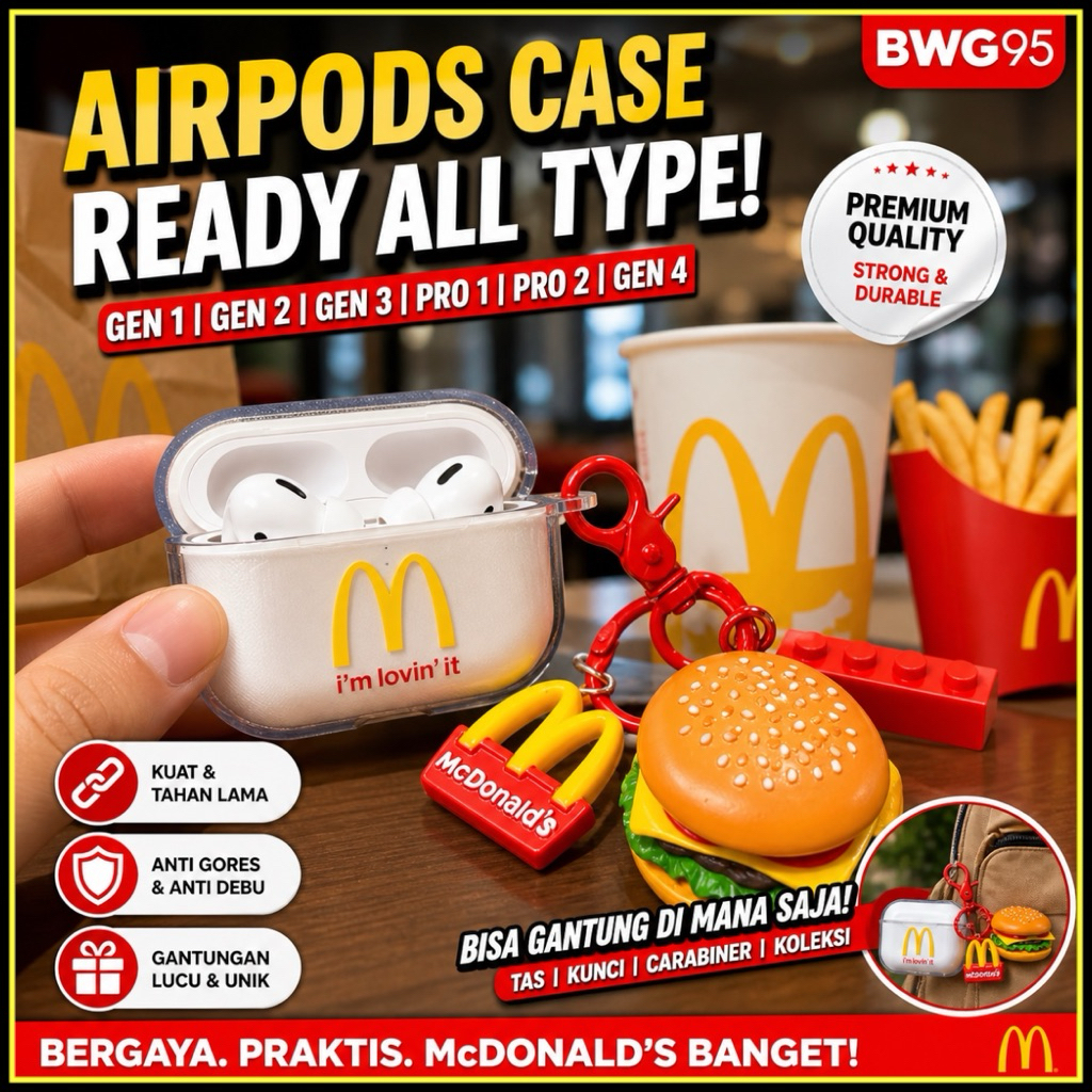 TINYTHING Airpods Case Clear McDonald Fries Burger Silikon untuk gen 1 2 3 4 Pro 1 2 Dengan Gantunga