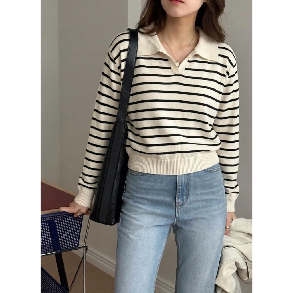 [PRELOVED] Knit Stripe Cream Lengan Panjang LD 104-150 (stretch)
