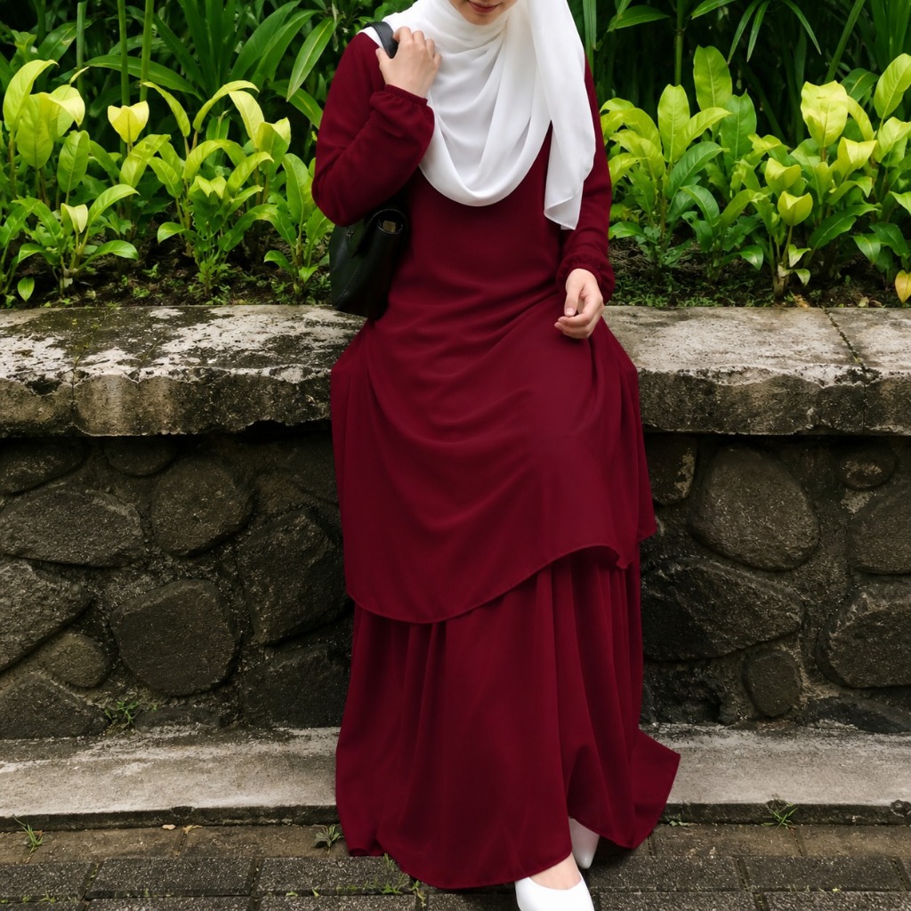 Gamis Malaysia Anggun Ceruty Part Tiga Maroon
