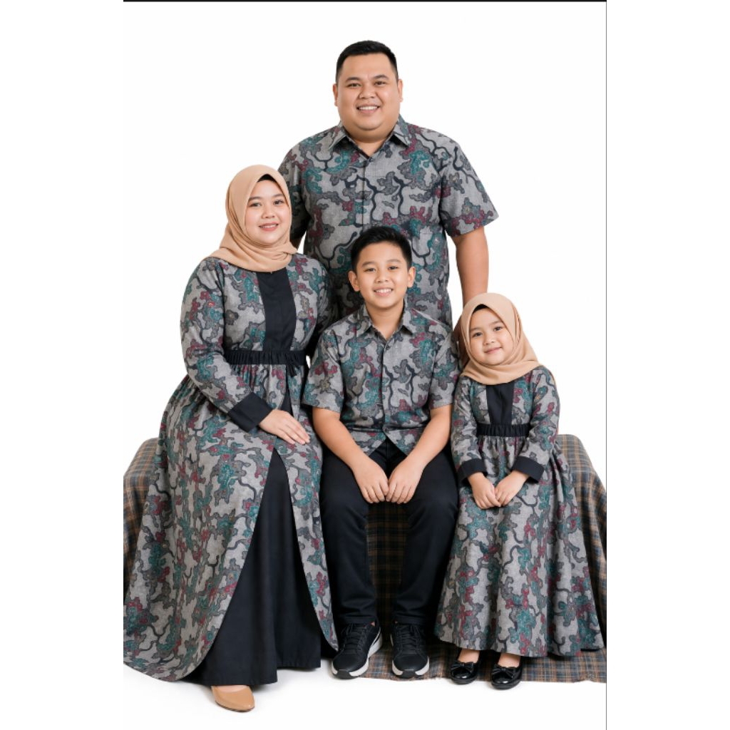 COUPLE KELUARGA GAMIS BATIK ABU-ABU SERAGAM KELUARGA MUSLIM SARIMBIT COUPLE GAMIS