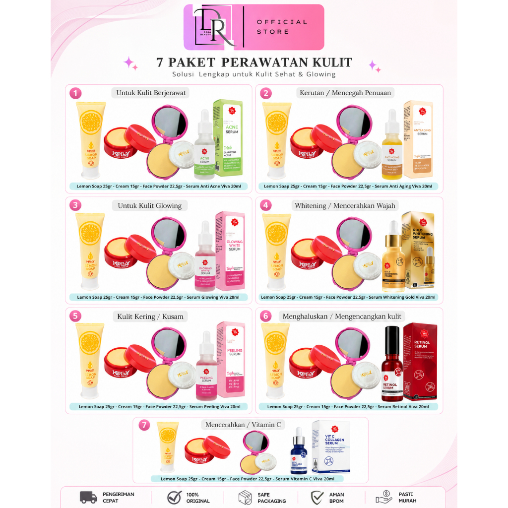 Kelly Cosmetics Paket Skincare 4in1 Kelly Lemon Cream Serum Untuk Wajah Glowing Mencerahkan Perawata