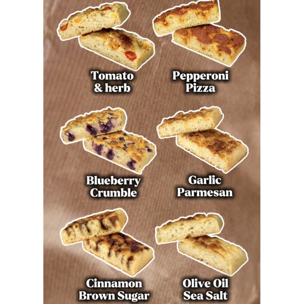 [PRE ORDER] Sourdough Focaccia (100% sourdough, tanpa ragi instant) Pepperoni pizza, blueberry, cinn