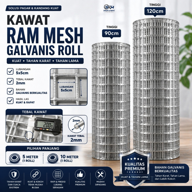 Kawat Ram Loket Galvanis Tebal 2mm Lubangan 50x50mm | Panjang 5 Meter Dan 10 Meter