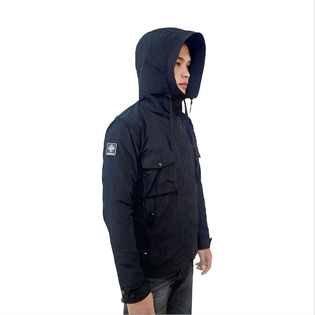UR SHIELD - JACKET CORONG FUNNEL COLLAR BLACK DOUBLE ZIPPER CASUAL DUSKY CRINKLE