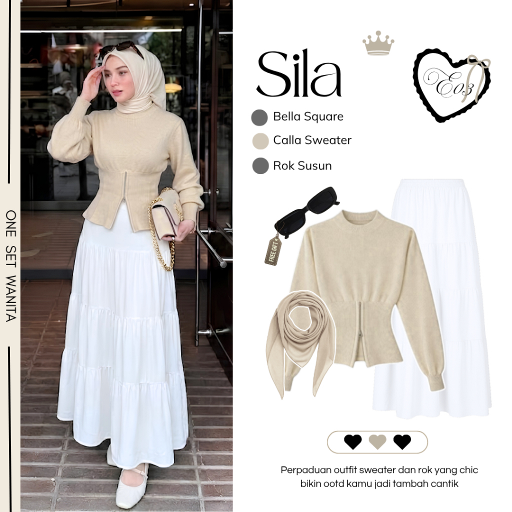 Set Wanita Rok Hijab Simple Elegan (Jilbab,Calla Sweater,Rok Susun) Setelan Rok Hijab Kekinian - M60