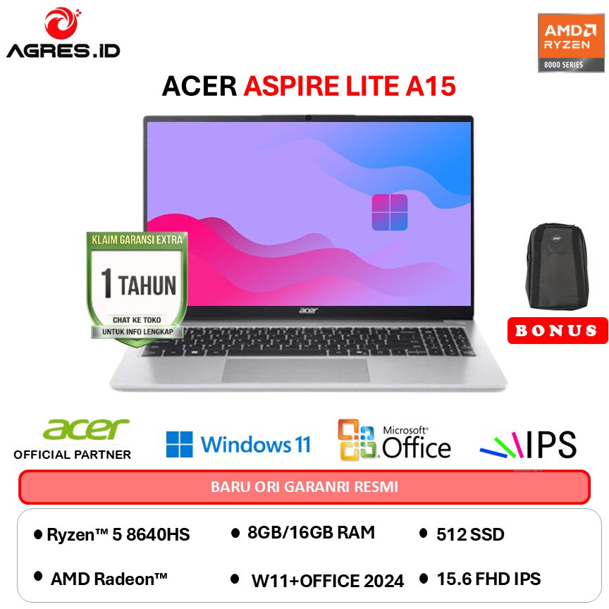 Acer Aspire Lite 15 AL15 AMD Ryzen 5 8640HS - RAM 24GB 512GB W11+OHS 15.0FHD IPS -61P.R3QE