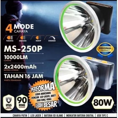 Senter Kepala Super Terang 80W Mitsuyama MS-250PTYPE : MS-250PSUMBER DAYA : Lithium 2x2400mAhPACK/MA