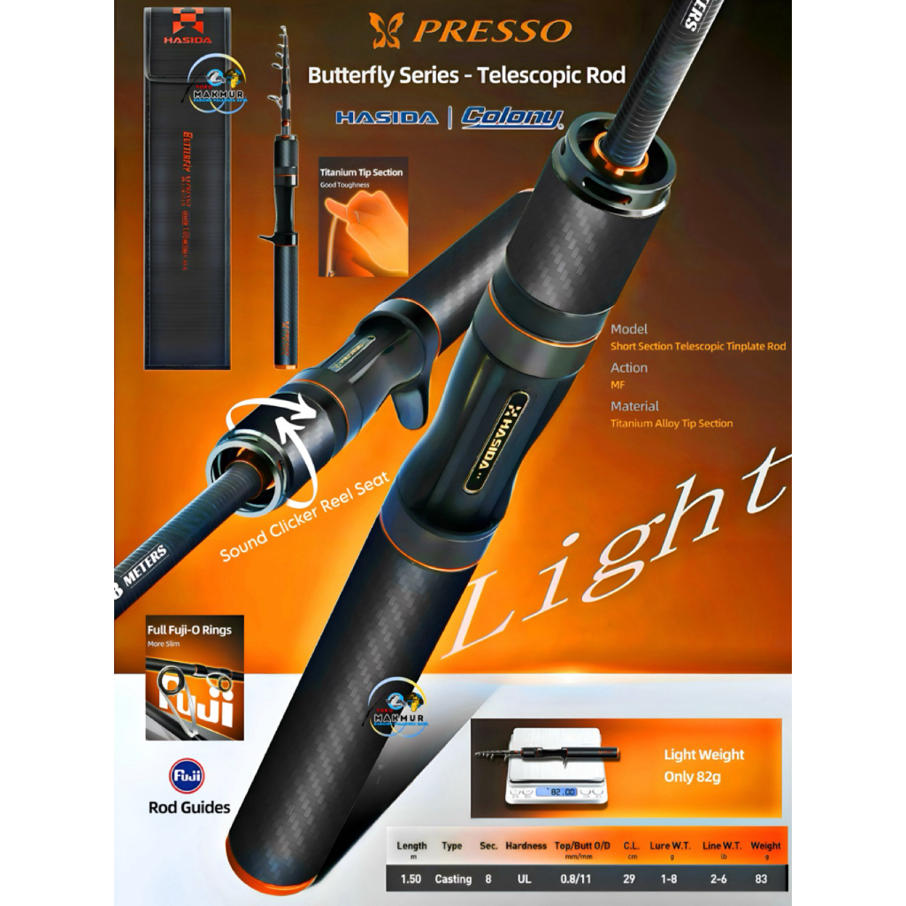 Joran BC 150 cm Telescopic UL  Hasida Colony Butterfly Presso || Ring Guide Full Fuji || Titanium Ti