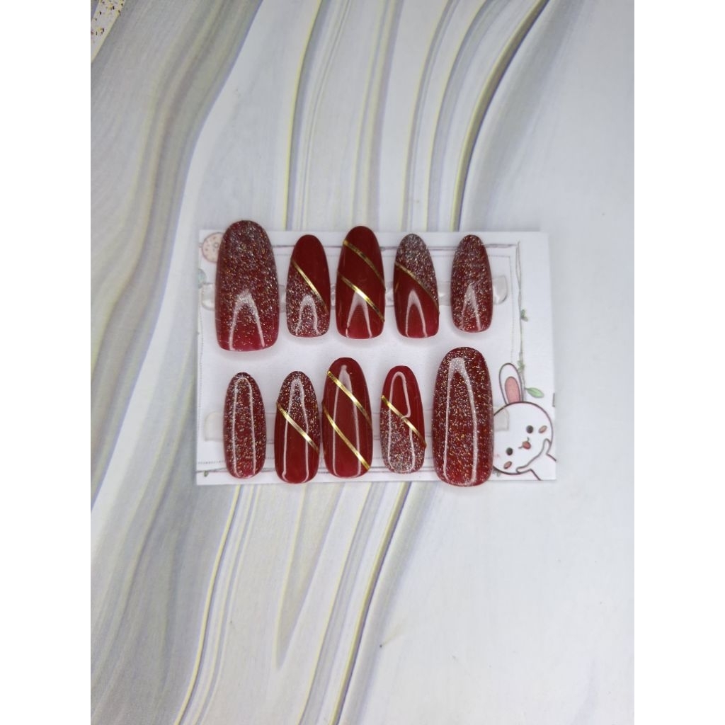 10 pcs Kuku Palsu | Fake Nails | Press On Nail | Maroon List Gold & Glitter | Harga Grosir | Free To