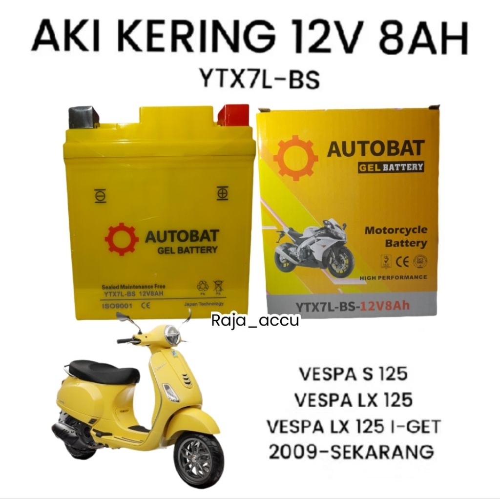Aki motor vespa s 125 vespa lx 125 vespa lx 125 i-get 2009-sekarang aki kering autobat ytx7l-bs 12v 