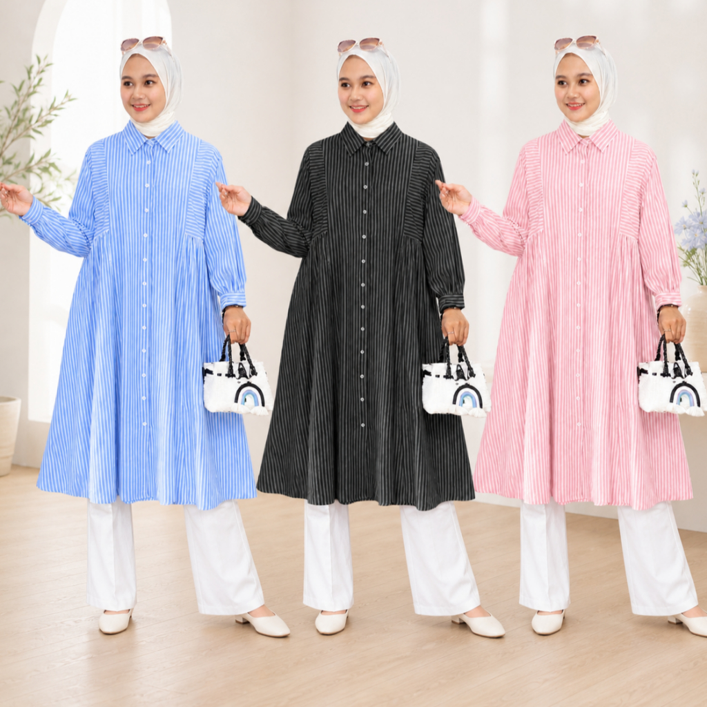 TUNIC WANITA MOTIF GARIS-GARIS / KEMEJA SALUR WANITA TERBARU / TUNIK DEWASA JUMBO Katun