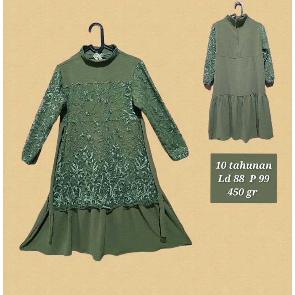New gamis dress brokat prada hijau anak remaja perempuan