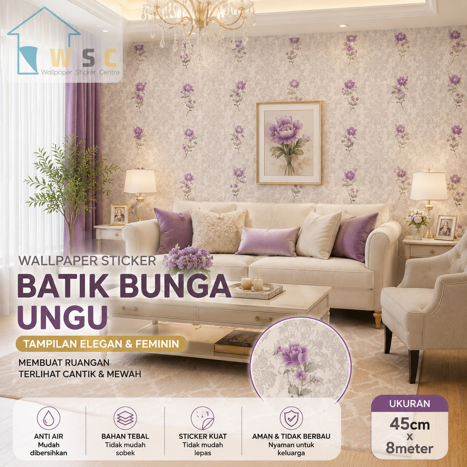 BATIK BUNGA UNGU Wallpaper Sticker Dinding Motif  BATIK BUNGA UNGU lilac Ukuran 45 cm x 8 meter