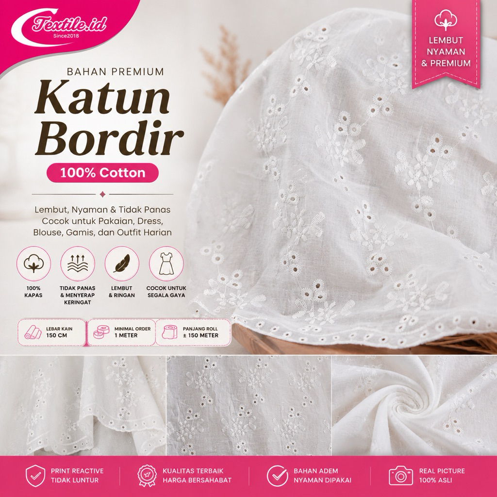 bahan katun bordir bolong / kain katun bordir / kain meteran katun bordir bolong (harga 0,5 meter)
