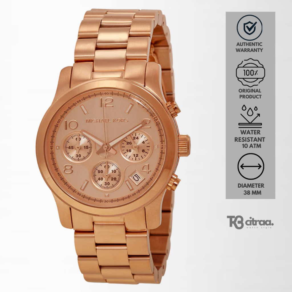Jam Tangan Wanita Michael Kors Runway Chronograph Stainless Steel Rose Gold Mewah Original MK5128
