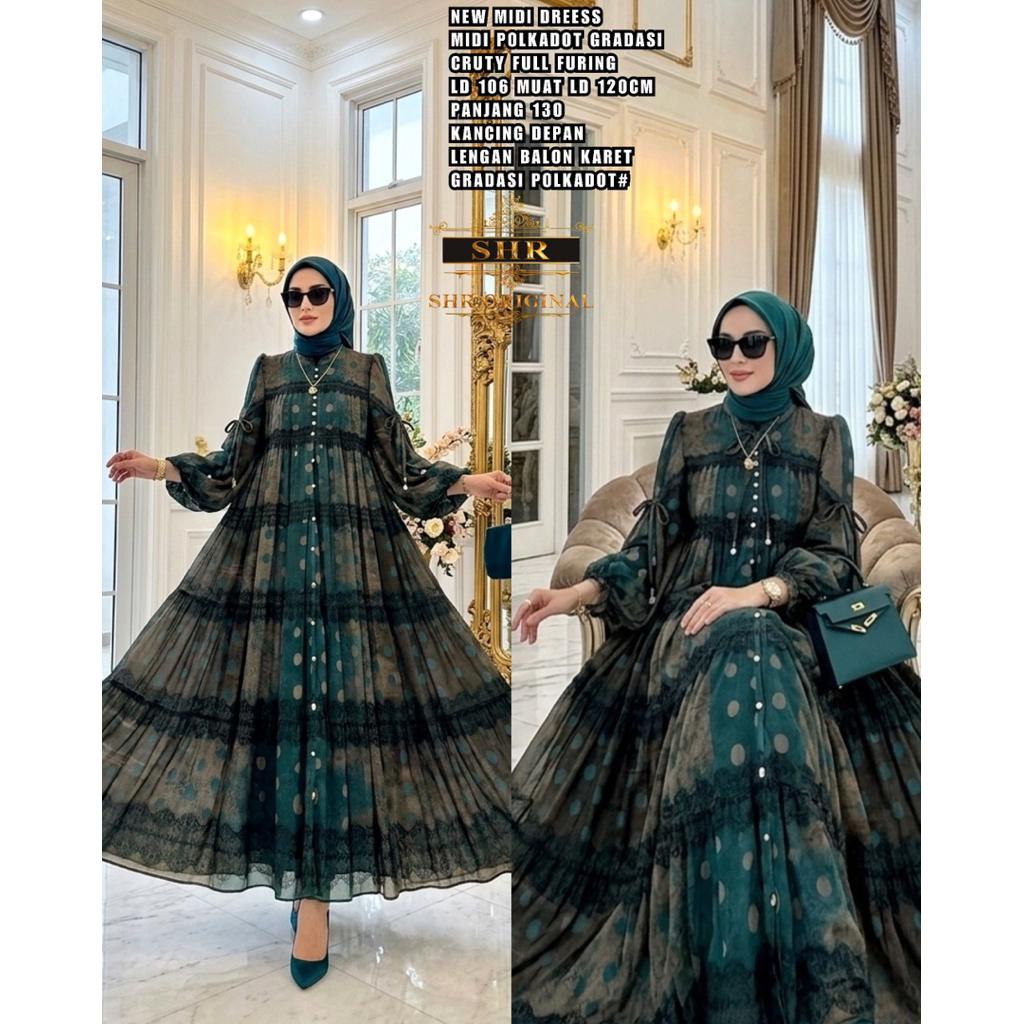 “ BY SHR ORI NEW “ READY MIDI DRESS RATU JODHA JUMBO POLKADOT GRADASI LENGAN BALON BY SHR ORI