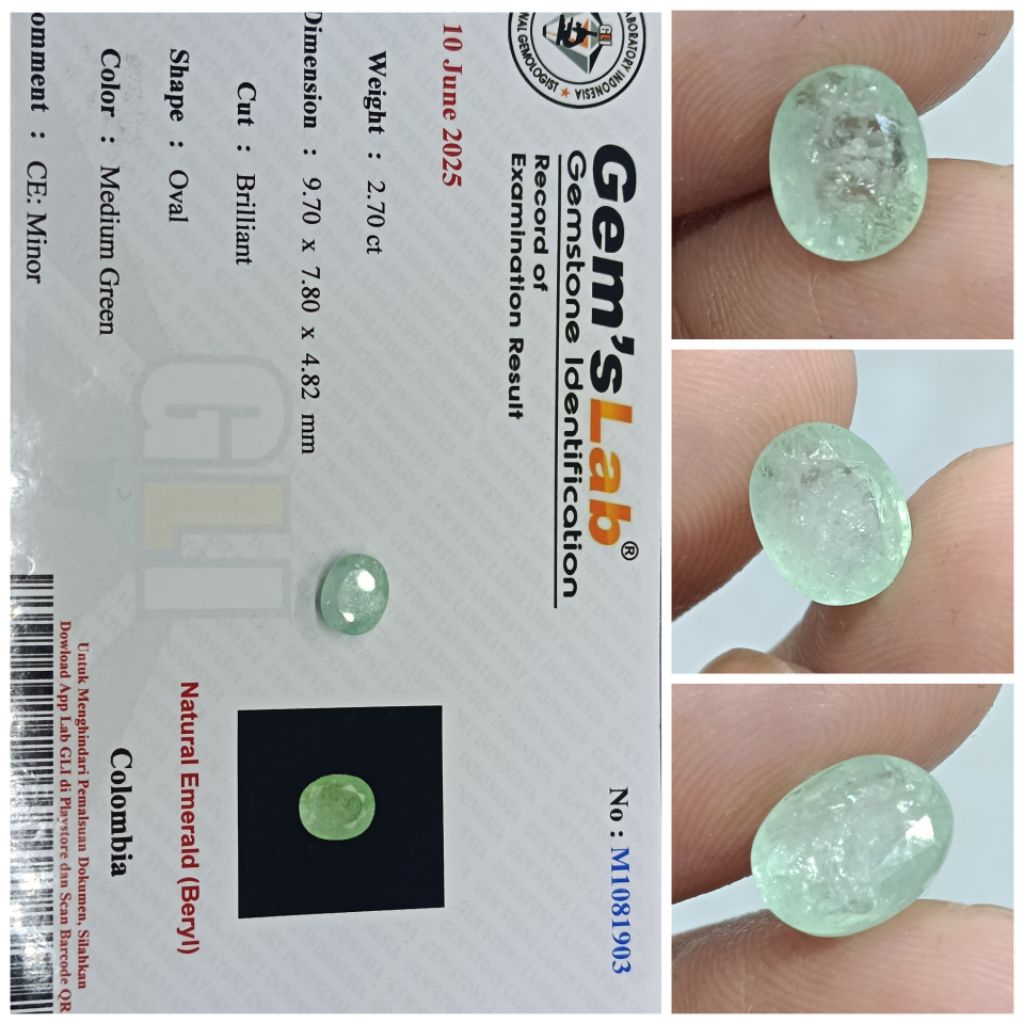 Natural Emerald beryl Colombia 2,7ct Minor memo GLI Top zamrud Columbia