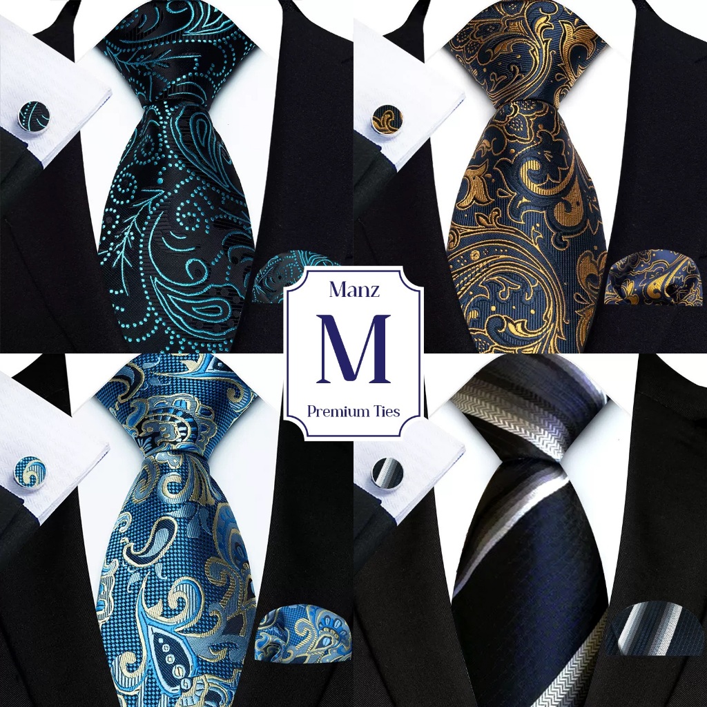 Manz Collection - Dasi panjang pria formal biru tua navy gold kombinasi bermotif batik premium