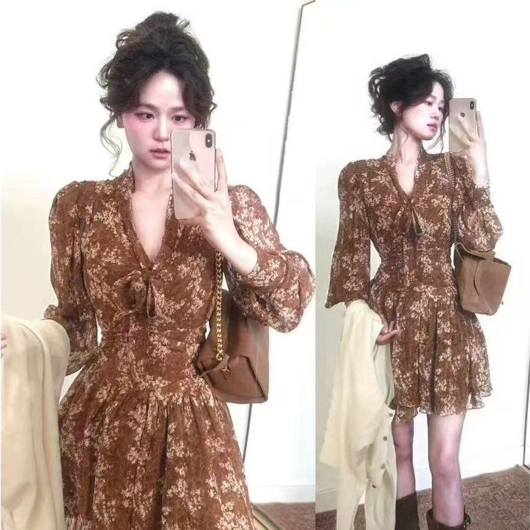 [Lucky Muse]Gaun vintage motif bunga ala Prancis untuk waktu minum teh, model baru 2026, rok pendek 