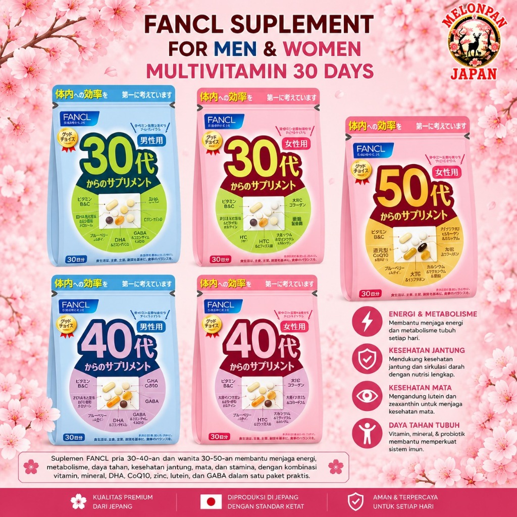 FANCL Multivitamin 30 Days Japan Asli | Vitamin Pria Wanita 30+ 40+ 50+ | Suplemen Energi & Stamina 