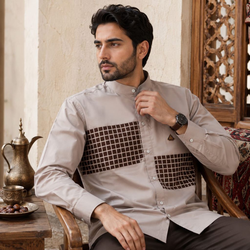 Egypt Muslim Kemeja Muslim Pria Katun Premium Kombinasi Batik Kotak Kotak Moderen Lengan Panjang Mod