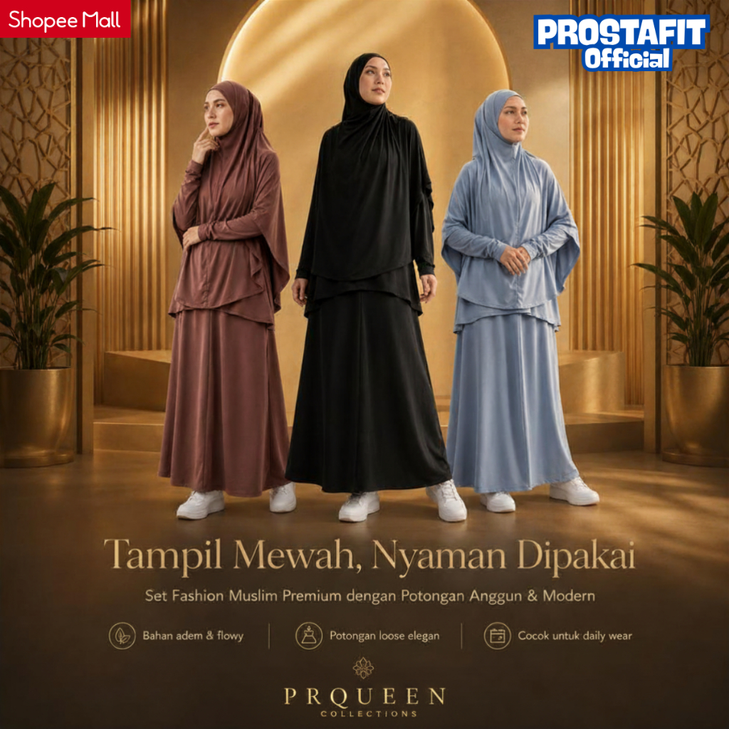 Denay Sporty Muslimah Set 3in1 PRQUEEN | Baju Olahraga Wanita Rok Celana Hijab