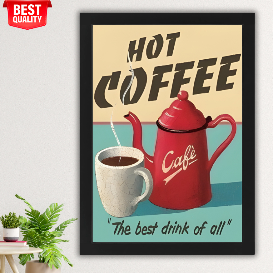 Wall Decor Retro Frame Kayu  Jumbo A2 - Poster Retro Kopi Coffee + Bingkai Premium
