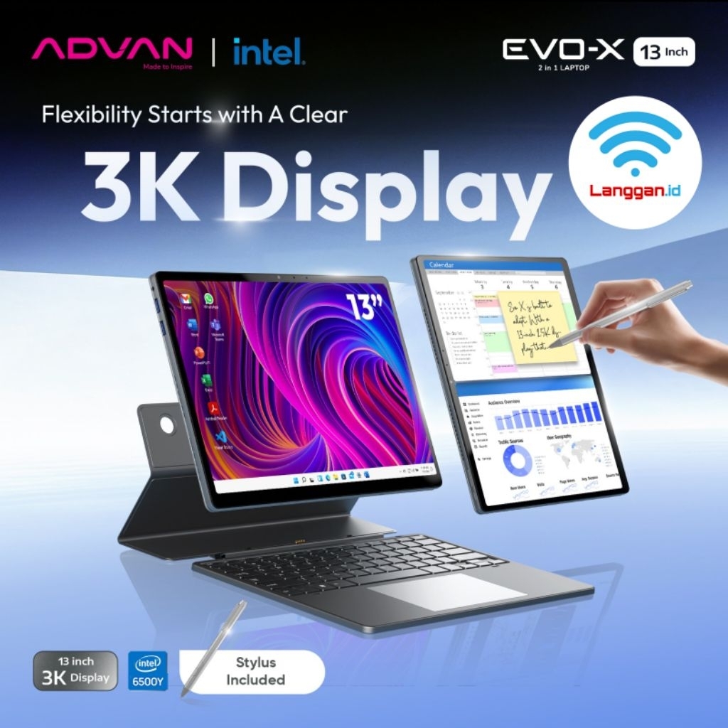 Advan Evo X 13 inch Intel 6500Y Ram 12GB Storage 256GB Windows 11 Laptop 2 in 1 Tablet Windows Advan