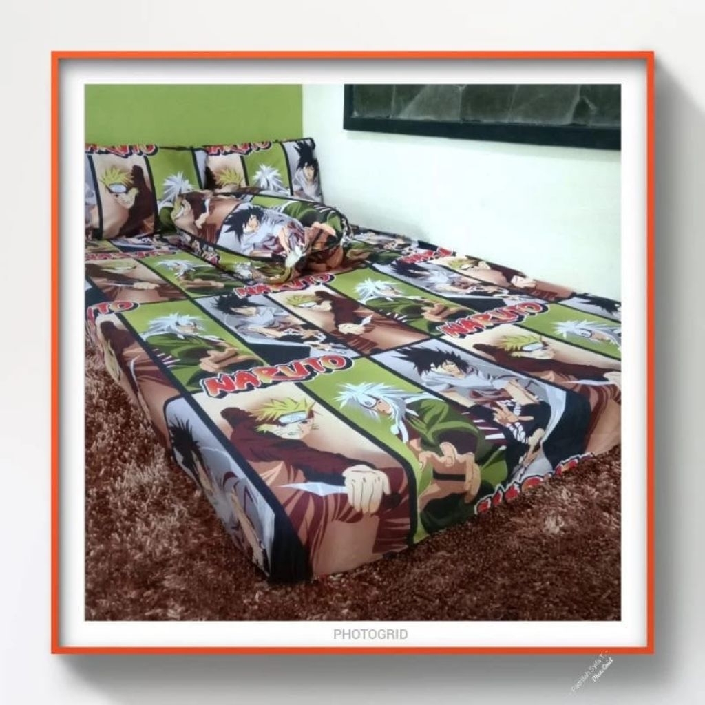 SPREI KARET KATUN PREMIUM 90/100/120/140/160/180/200 MOTIF naruto anime japan biru blue yellow kunin