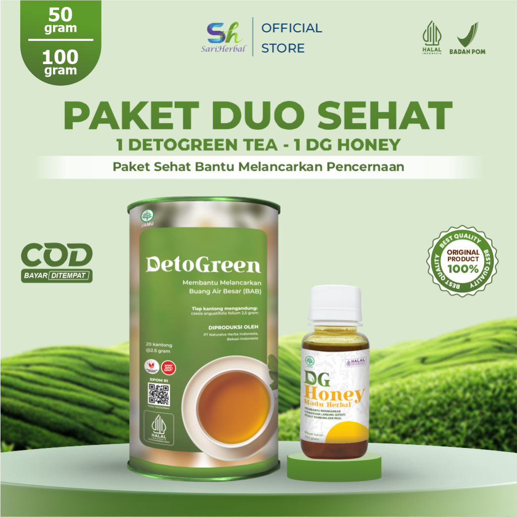 DetoGreen Tea & DetoGreen Honey Combo Hemat Pencernaan Lancar 2 PCS