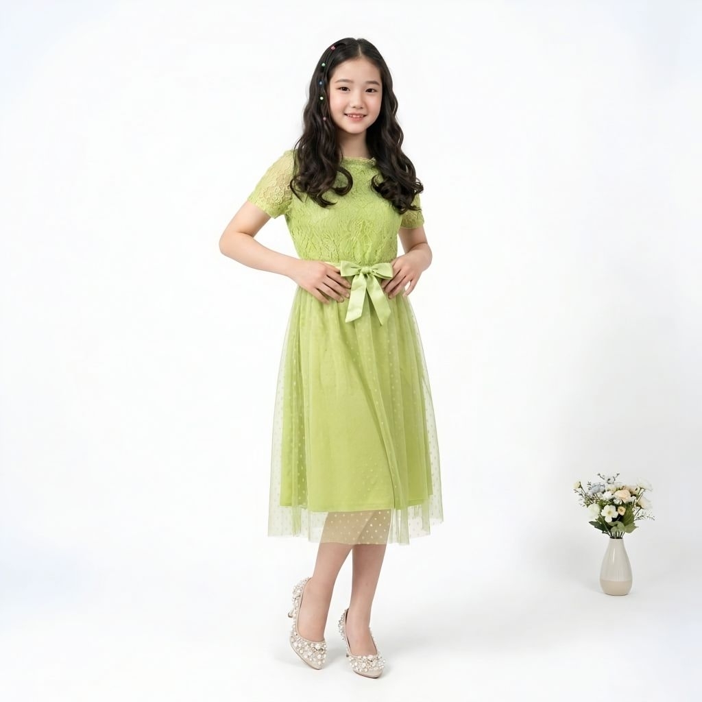 Mini Dress Brokat Tile Dot Anak Remaja Gaun Natal Elegan – Dress Pesta Cantik Alisia Ft