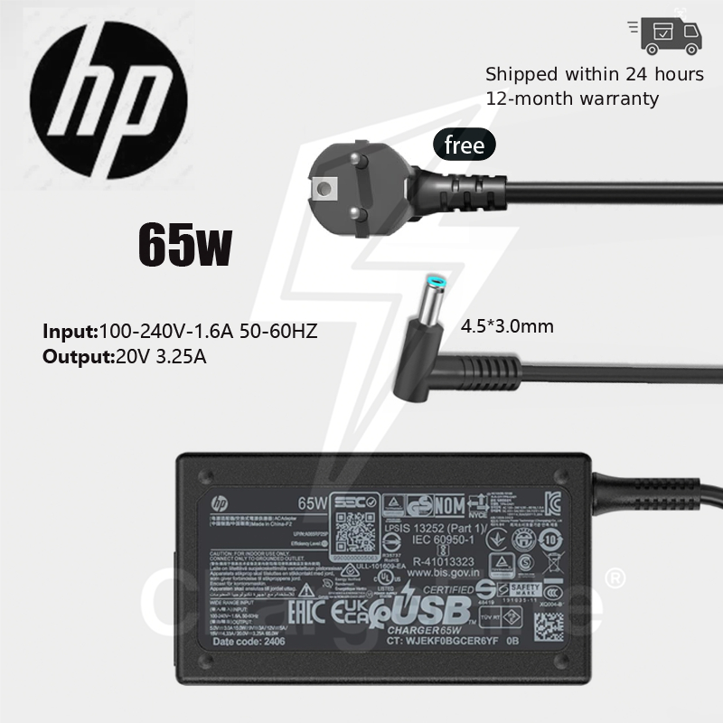Original HP 65W 20V 3.25A Laptop Charger 4.5x3.0mm for Hp Envy x360 13 15 Stream 11 13 14 Chromebook