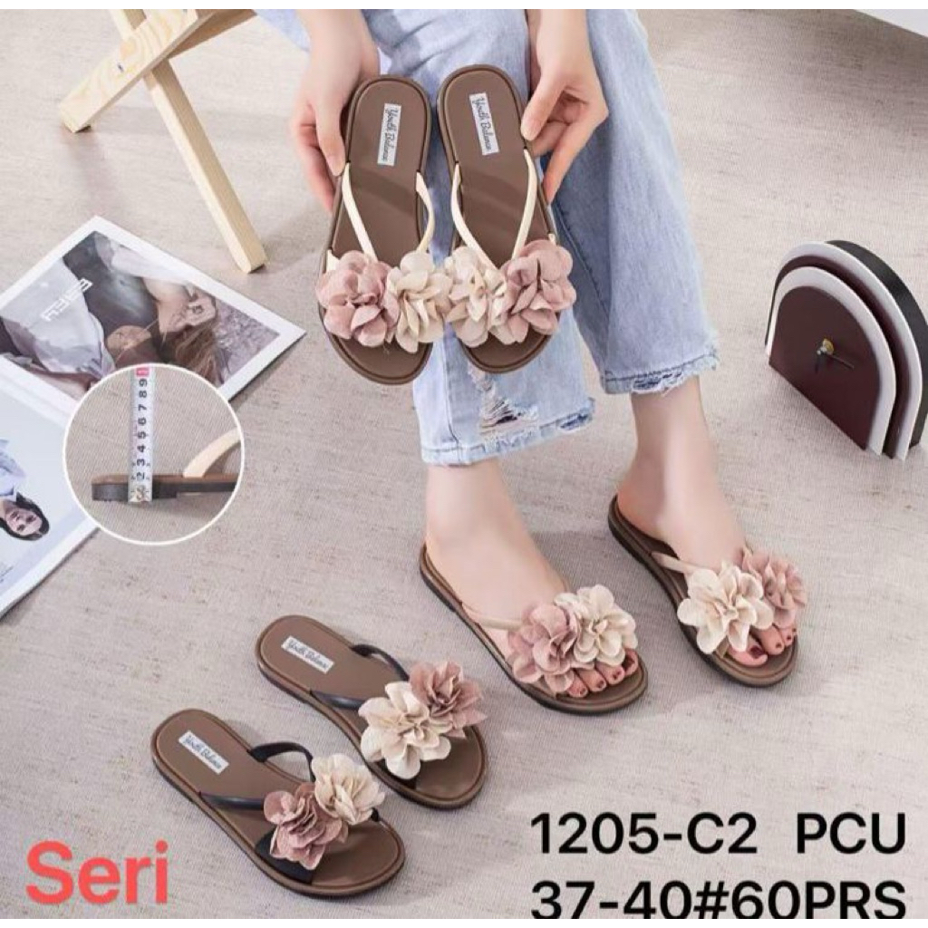 1205 Sandal jelly wanita bunga 3d sandal jepit wanita karet sandal harian rumahan