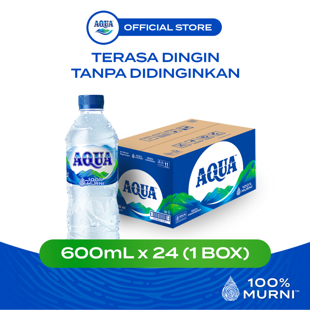 AQUA Air Mineral 600mL x 24 Botol (1 Box), AQUA Botol Sedang, 100% Murni