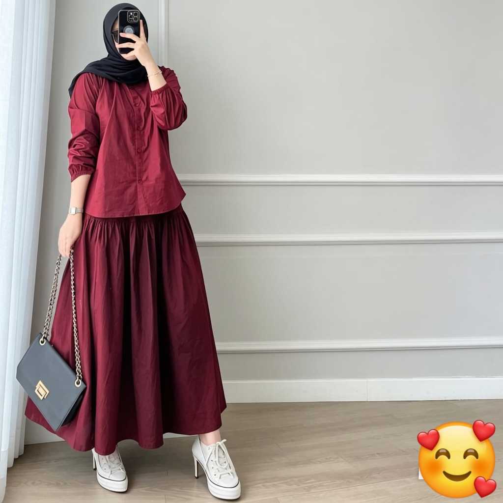 Umaya Setelan Rok Payung Bahan Katun Bangkok Premium  Set Atasan Kancing Depan Rok Lebar Muslimah Mo