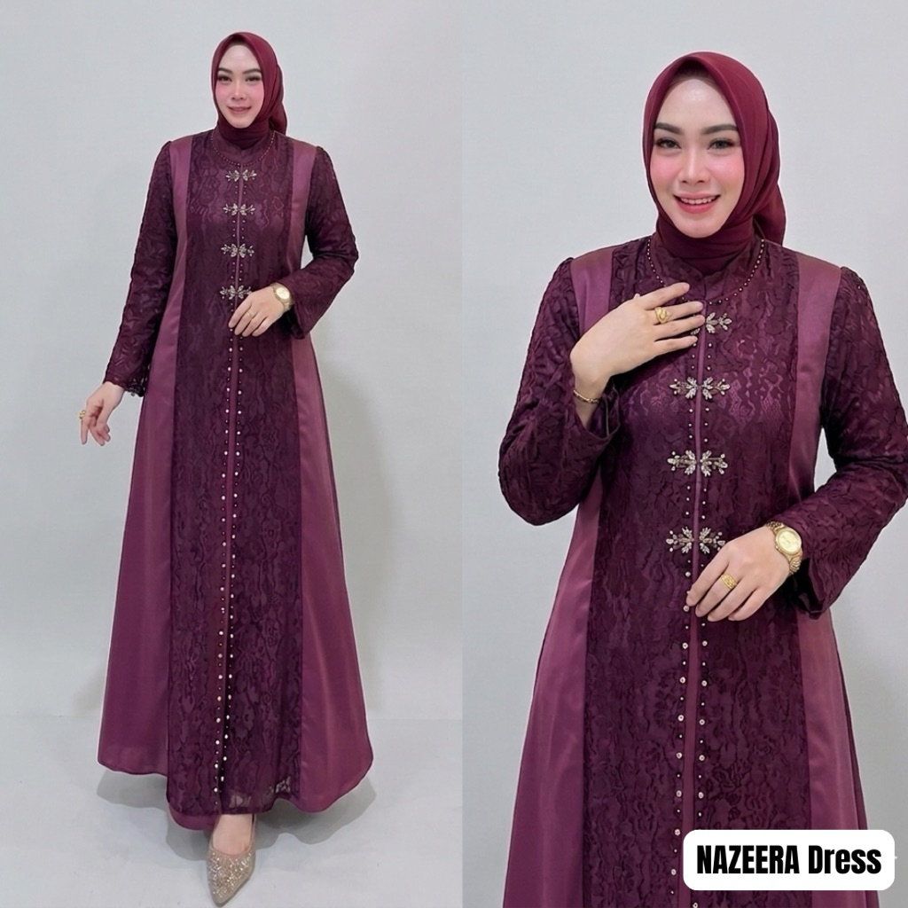 BAJU GAMIS TERBARU NAZEERA DRESS PREMIUM MEWAH GAUN PESTA BAHAN VELVET MIX BRUKAT CHANTILY PEMAKAIAN