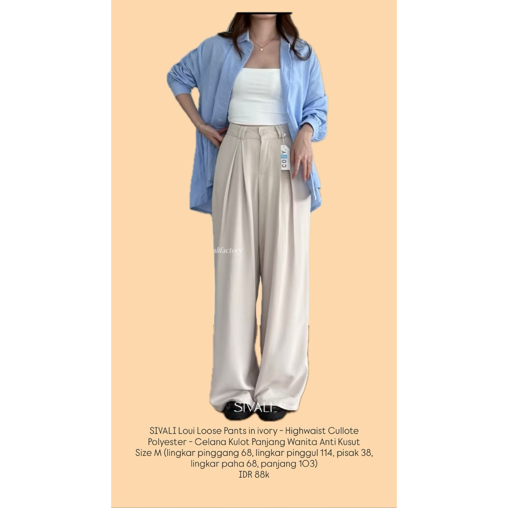 Preloved SIVALI Loui Loose Pants in ivory - Highwaist Cullote Polyester - Celana Kulot Panjang Wanit