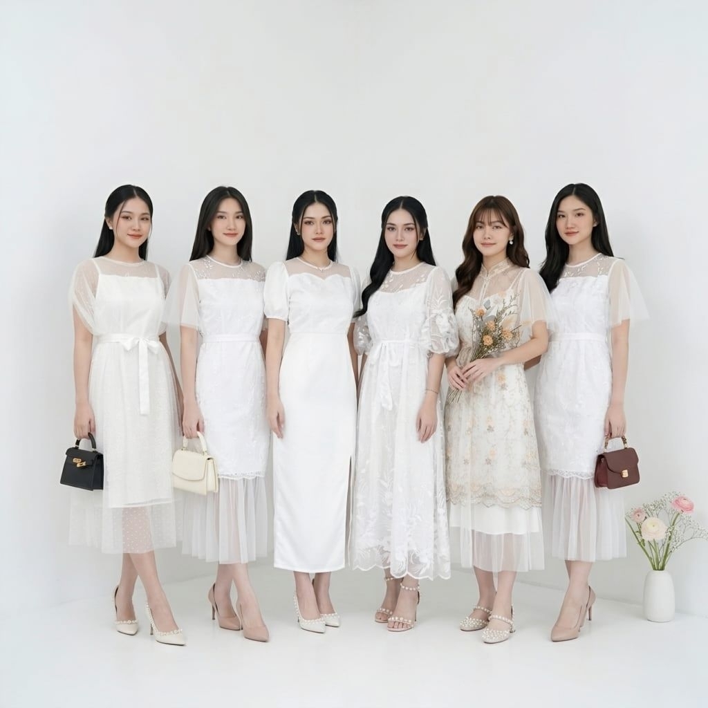 Dress Brukat Putih Wanita Modern Gaun Pesta Edisi Warna Putih Polos Bridesmaid Dress Mewah Zh