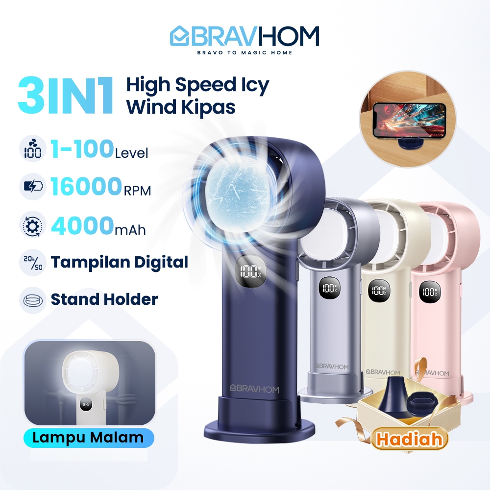 BRAVHOM Kipas Angin Mini Portable 4000mAh High-Speed 16000RPM LED 100Gear Lampu Malam BL-FN12