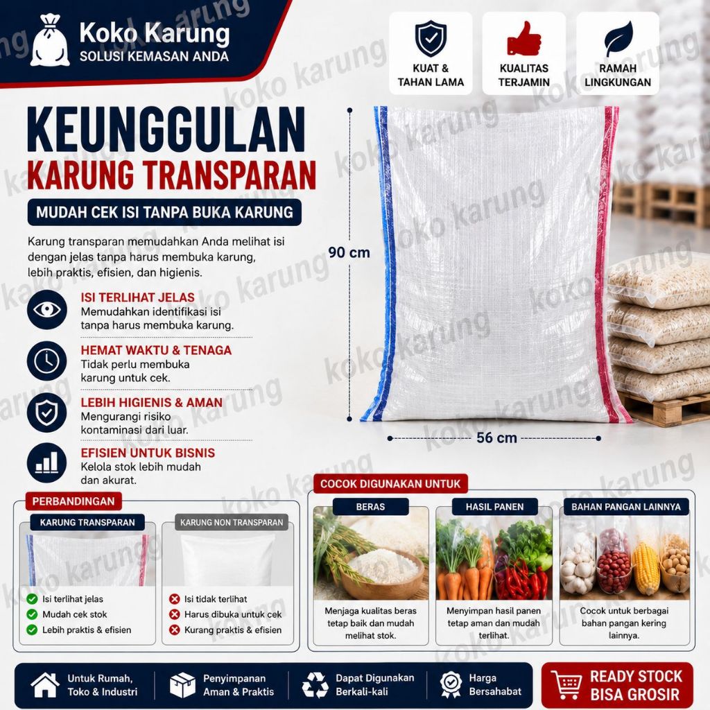 Karung Transparan Bening 50kg 56x90 cm List Biru merah Hitam oren | Karung Beras Plastik Tebal Anti 
