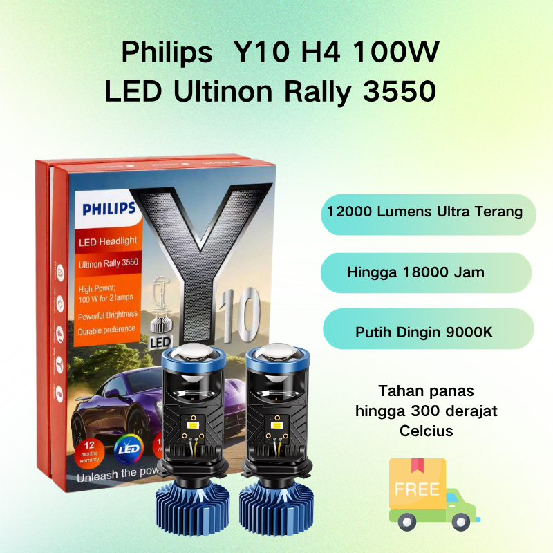 Philips H4 Y10 LED Lampu Mobil 100W 12000 Lumens Putih Dingin 9000K